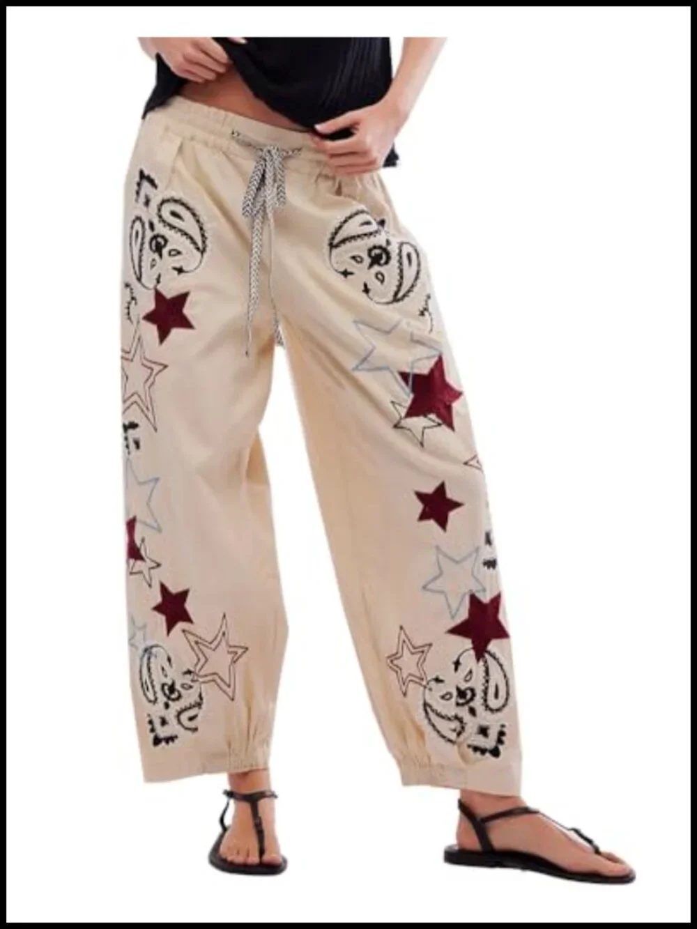 Mid Rise Barrel Starry Print Wide Leg Denim Pants for Women Embroidered Baggy